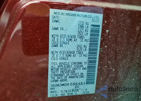 2017 Nissan Pathfinder S z USA, uszkodzony, nr VIN 5N1DR2MM2HC686483